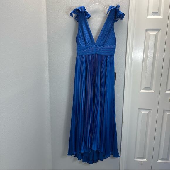 LEENA Mac Duggal Ruffle Top Sleeveless V Neck Pleated Gown Dress - Picture 2 of 14